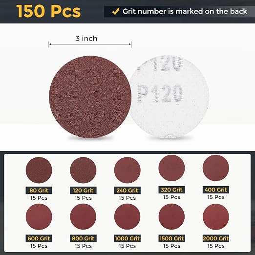 HARFINGTON 150Pcs 3Inch Sanding Disc Hook & Loop Sandpaper Aluminum Oxide | - Image 2