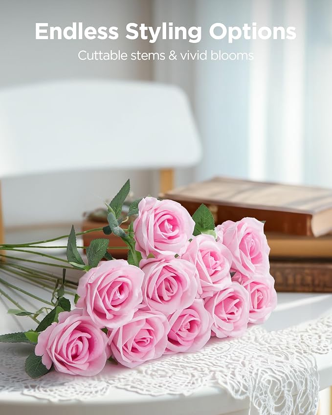 InnoGear Pink Roses Artificial Flowers 50 Pcs Fake Velvet Silk Rose Floral | - Image 3