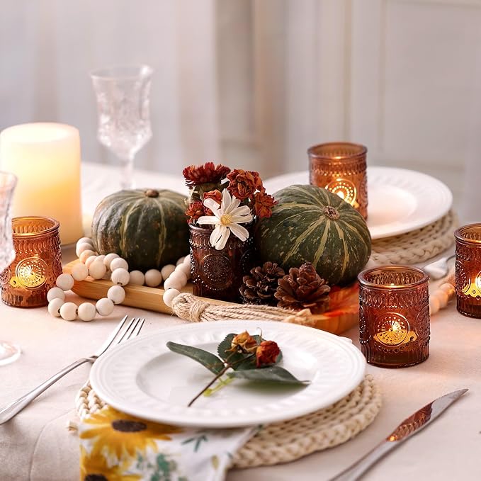 DEVI 24pcs Vintage Amber Votive Candle Holders, Amber Glass Tea Lights Candle - Image 4