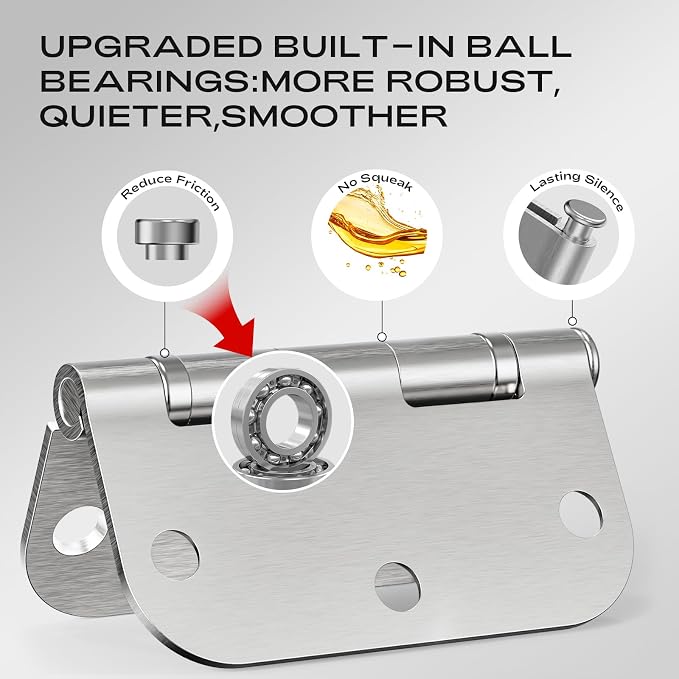 6 Pack Door Hinges Brushed Nickel 3.5 Inch 5/8" Radius Rounded | Quiet Ball - Image 3