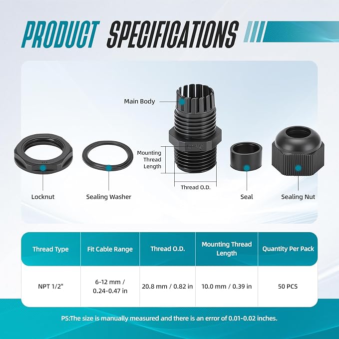 50 Pcs 1/2" NPT Cable Glands, IP68 Waterproof Adjustable Nylon Strain Relief - Image 3