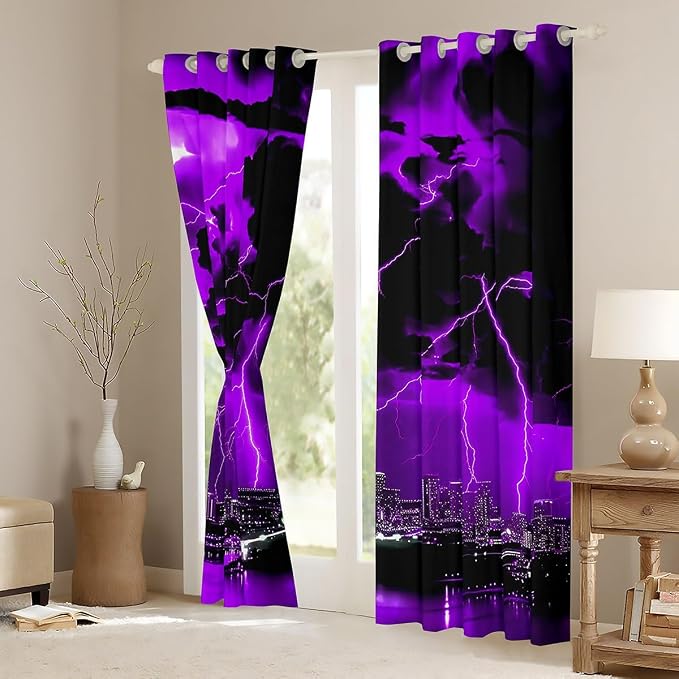 jejeloiu Purple Thunder Lightning Window Drapes Cool Flashing Lightning - Image 3