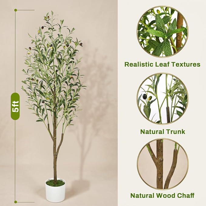 5FT Artificial Olive Tree with Basket, Realistic Wood Trunk | Indoor Faux Olive - Image 3