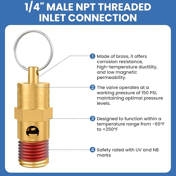 1/4" Male NPT Brass Safety Valve, 1 Pack | 150 PSI Pressure Relief - Image 4