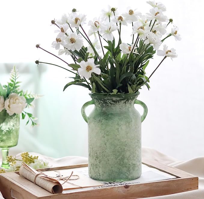 SHMILMH Glass Flower Vase with Handle – 8 Inches Rustic Imitation Ceramic Vase - Image 2