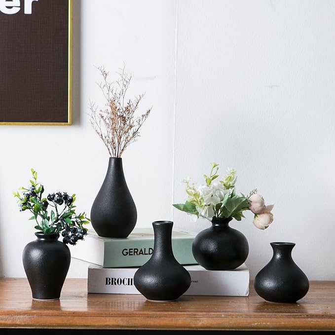 Black Bud Vases, Ceramic Small Vase Set of 5, Mini Vases by Sowlvenco