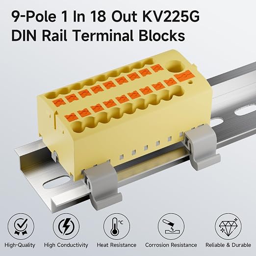 4Pcs KV225G DIN Rail Terminal Blocks, 9-Pole 1 in 18 Out Push-in | 9-Pole 1 in - Image 2