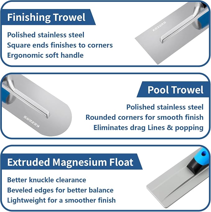 KEZERS 8-in-1 Concrete Finishing Tools Kit: Magnesium Float, Finishing & Pool - Image 5