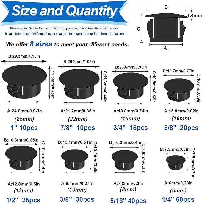 Tnisesm 200Pcs 8 Sizes Nylon Plastic Hole Plugs Black 1/4" 5/16" 3/8" 1/2" 5/8" - Image 2