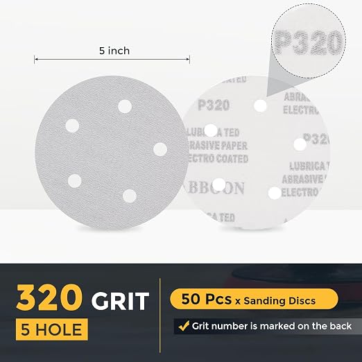 HARFINGTON 50 Pcs 5 Inch Sanding Disc 5 Hole 320 Grit White Aluminum Oxide | - Image 2
