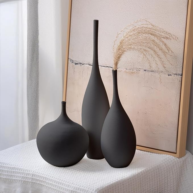 Relexome Black Ceramic Vase Modern Boho Wabi-Sabi Flower Vase Set of 3 - Image 9