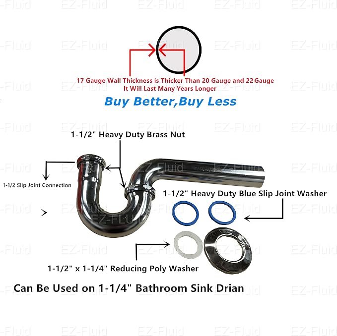 EZ-Fluid 1-1/2" Thick Heavy Duty 17 Gauge Kitchen Sink Chrome Brass P-Trap - Image 2