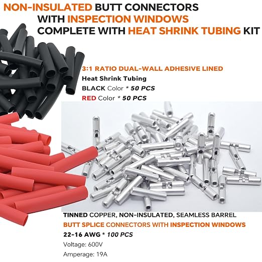 22-16 AWG Wire Splice Kit – 100pcs 22-16 Gauge Tinned Copper Non-Insulated Butt - Image 2