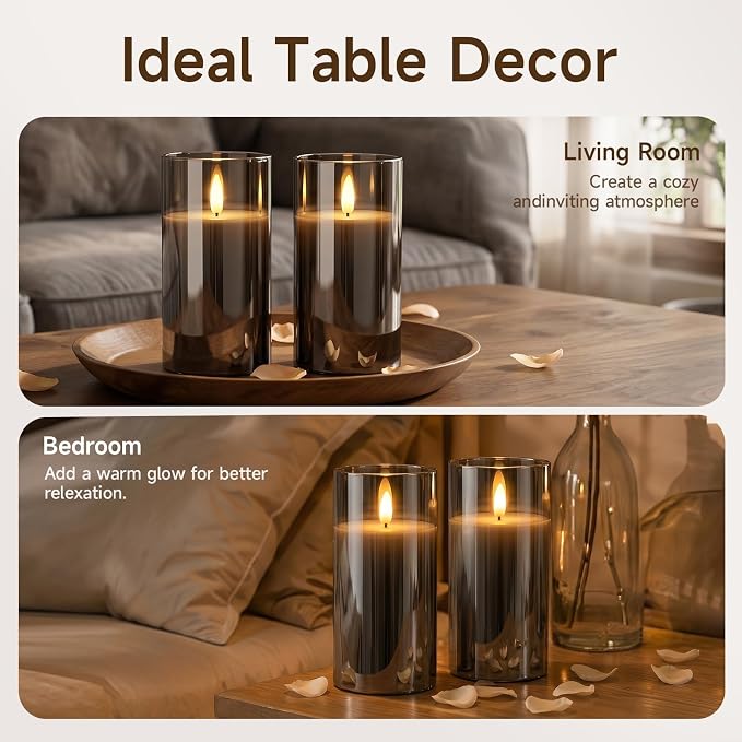 Homemory Grey Glass Flameless Candles, Real Wax, Remote Timer, 2 Pack | D3"xH6" - Image 6