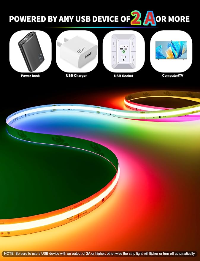 PAUTIX RGB Smart IC COB LED Strip Light USB 5V 6.56ft/2m, Work - Image 6