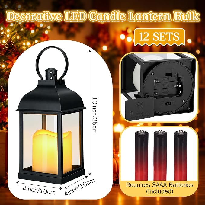 12 Pack 10 Inch Black Decorative Candle Lantern Bulk LED Flameless | Lanterns - Image 2