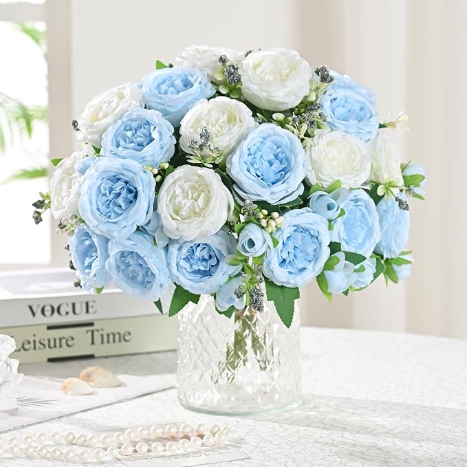 2 Packs Peonies Artificial Flowers Mixed White Blue Silk Artificial Peonies | - Image 2