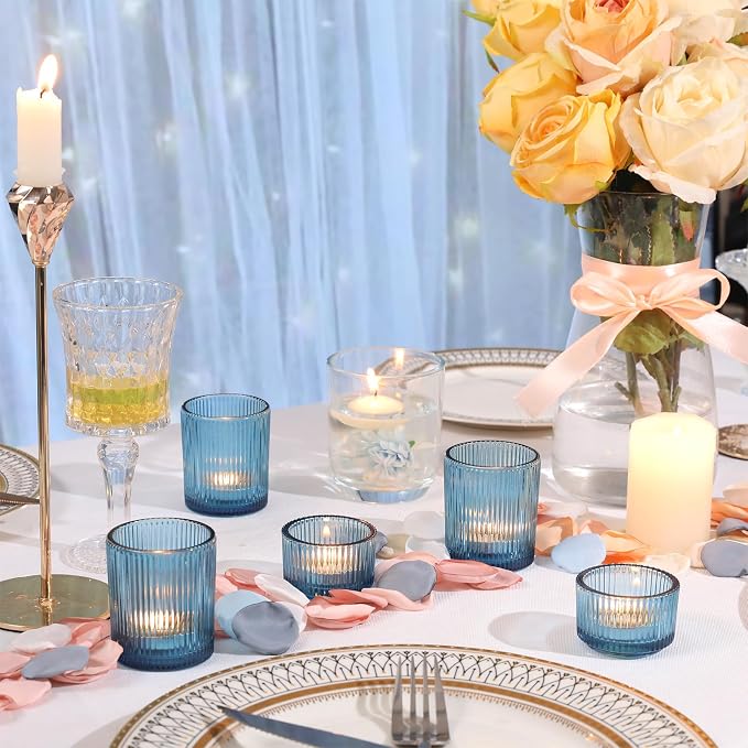 NITIME 20pcs Ribbed Blue Votive Candle Holders, Wedding Table Settings and - Image 5