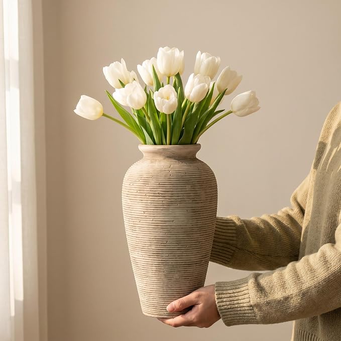 11.02 Inch Tall Vintage Ceramic Flower Vase, Rustic Farmhouse Vase - Image 3