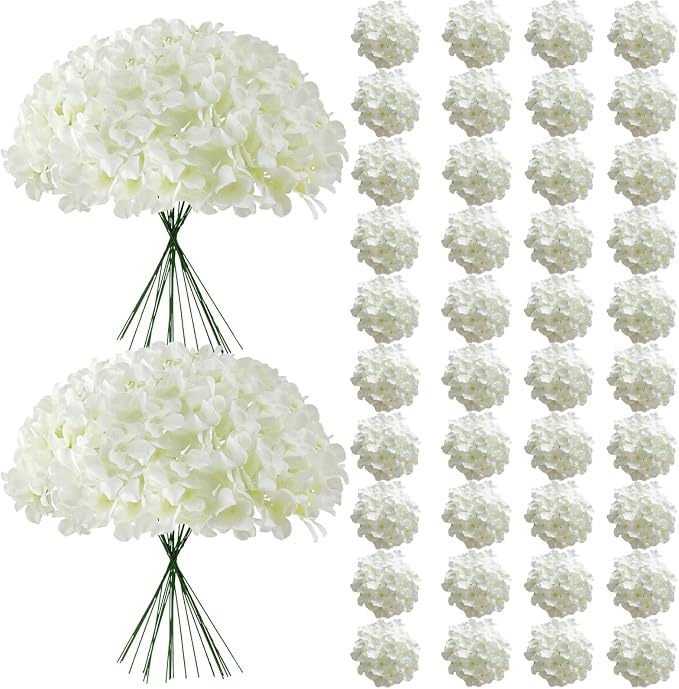 65Pcs White Hydrangea Artificial Flowers Bulk，Realistic Silk Fake Flowers by Cherica