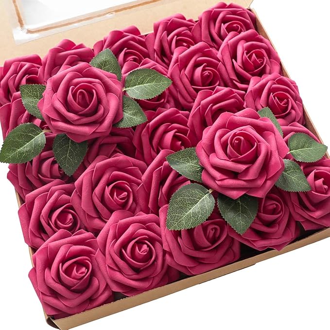 Artificial Flowers 50pcs Real Looking Fuchsia Foam Fake Roses by Floroom
