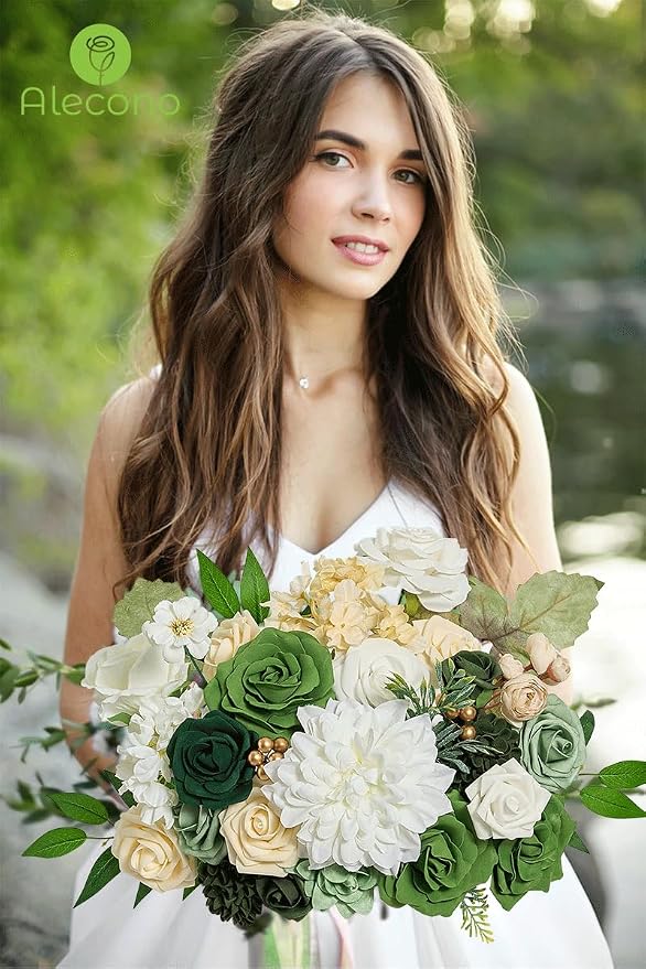Alecono Green Pink Artificial Flowers, Silk Fake Roses Floral Set | - Image 2