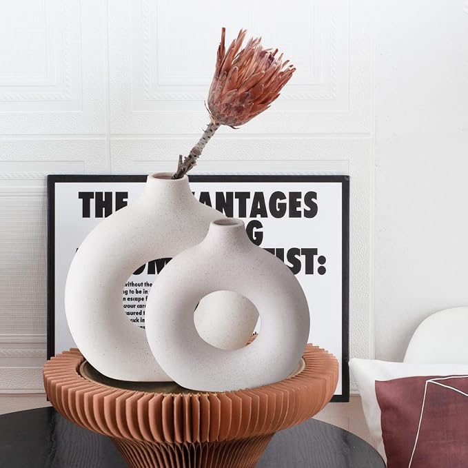 White Ceramic Donut Vase Set of 2, Hollow Matte Pampas Flower Vases - Image 2