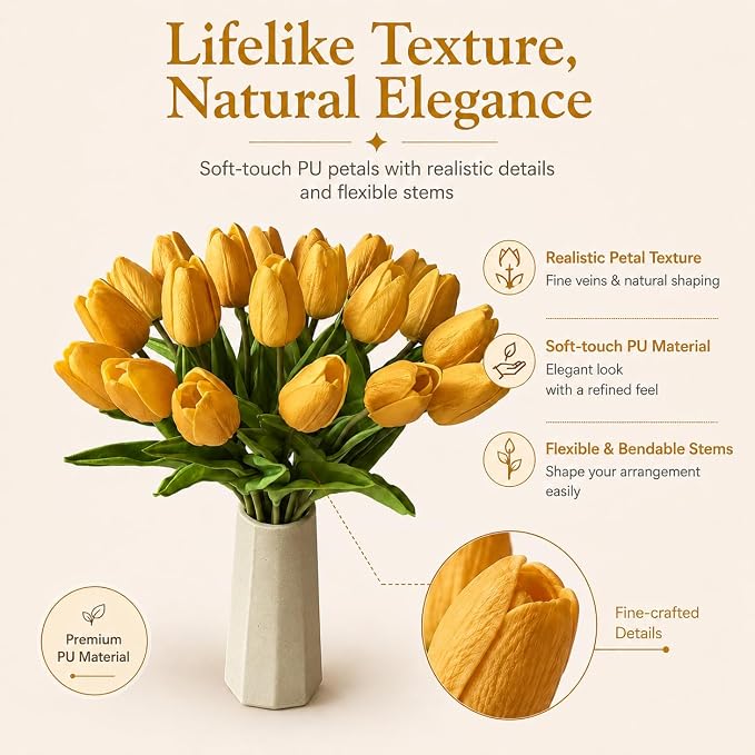 Mandy's 20pcs Artificial Gold Tulips | 13.5 Inch Lifelike PU Tulips Faux Floral - Image 2