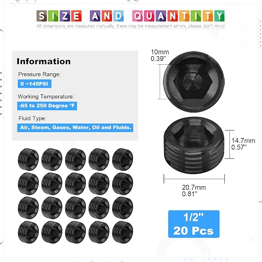 Glarks 10Pcs Carbon Steel 1/2'' NPT Male Pipe Plug Fitting - Image 2