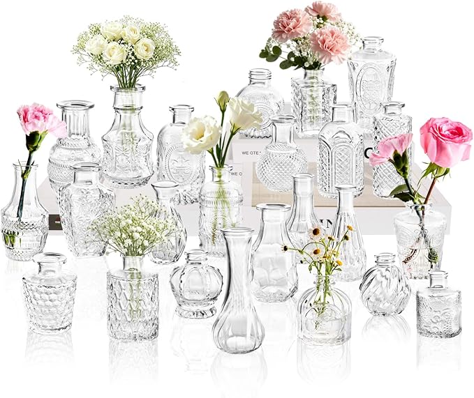 Clear Glass Bud Vase Set of 24 Pcs, Small Bud Vases in Bulk, Glass Crystal by JXINDUJU