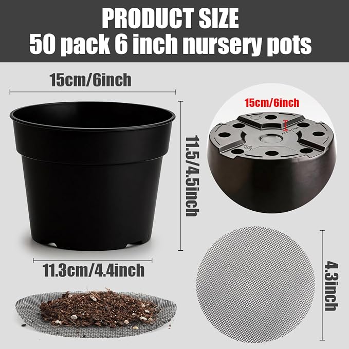 RooTrimmer 50 Pack 6 Inch Nursery Pots, Plastic Flower Pots, Thick Plant Pots - Image 2