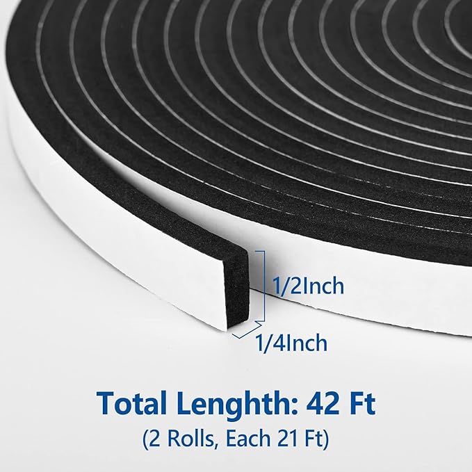 Kikerike Self Adhesive Foam Tape Weatherstrip 1/2In x 1/4In x 42Ft High Density - Image 2
