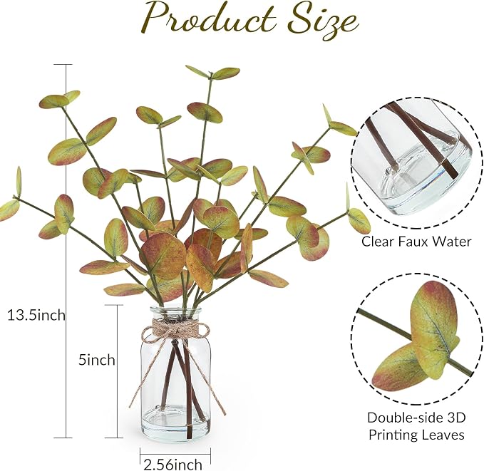 Fall Fake Eucalyptus Stems in Glass Vase - Image 3