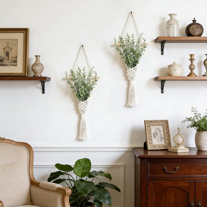 Macrame Wall Hanging with Artificial Eucalyptus Plant, Boho Wall Decor - Image 6