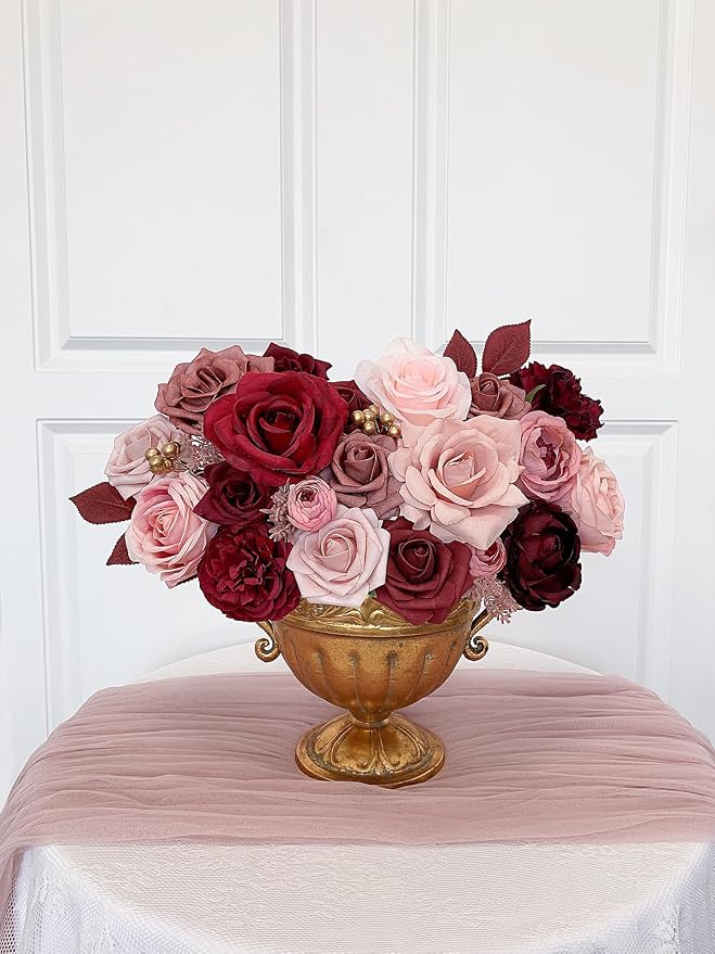 FACINOC Roses Artificial Flowers Burgundy Red Bouquet Fake Flower Bulk | DIY - Image 4