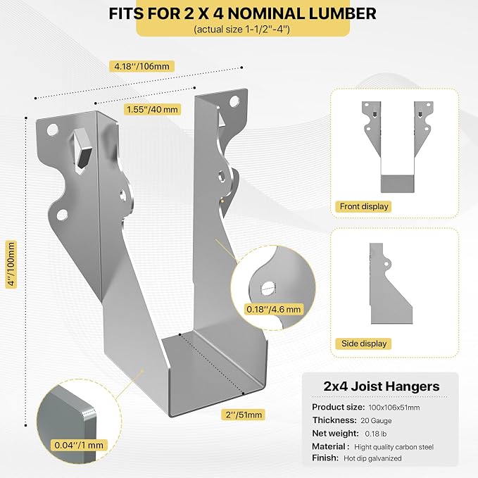 20 pcs 2x4 Joist Hanger, LU26 18 Gauge Double Shear Face Mount Joist Hanger - Image 3