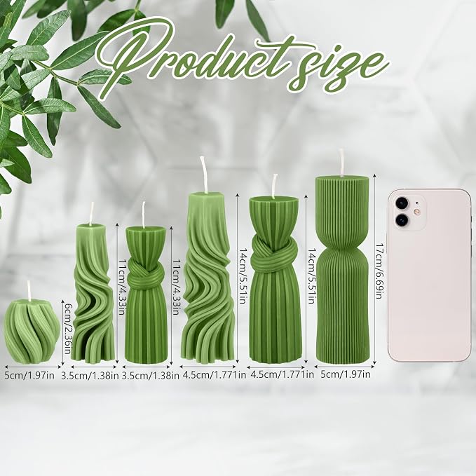 Threlaco 6 Pcs Ribbed Pillar Candles, 2.36-6.89 Inch Heights, Modern Spiral - Image 2