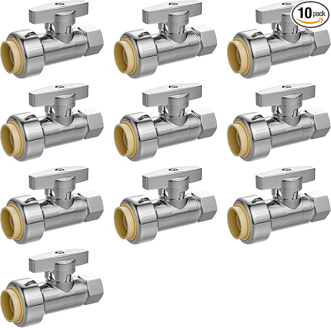 Push-Fit Straight Stop Valve 10-Pack, 1/2" Push x 3/8" OD Compression, 1/4 Turn by PURAGEIR
