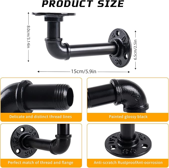 Industrial Pipe Shelf Brackets for 8 10 12 14 inches Board, Iron L Pipe - Image 2