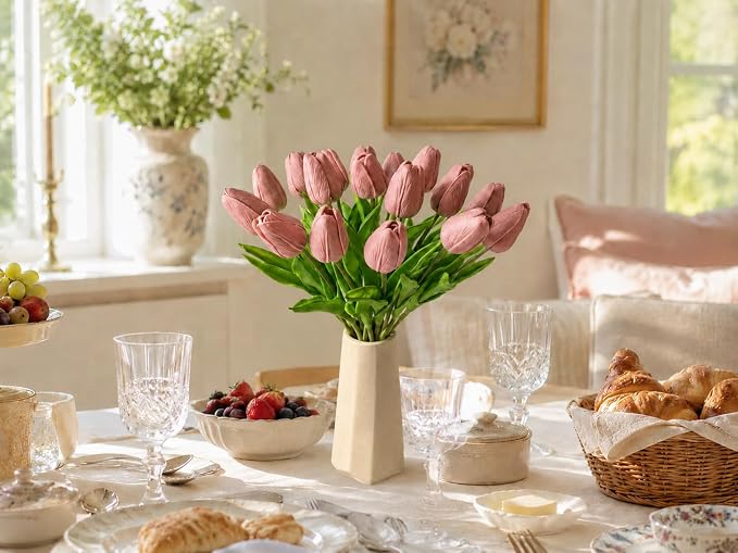 Mandy's 20pcs Artificial Mauve Tulips | 13.5 Inch Lifelike PU Tulips Faux - Image 5