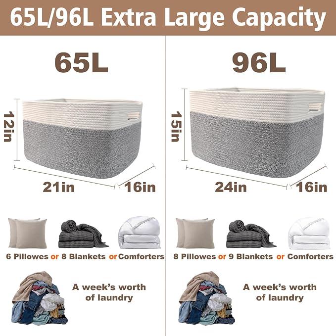 JMvicyroam 96L Large Woven Cotton Rope Blanket Basket, Freestanding - Image 3