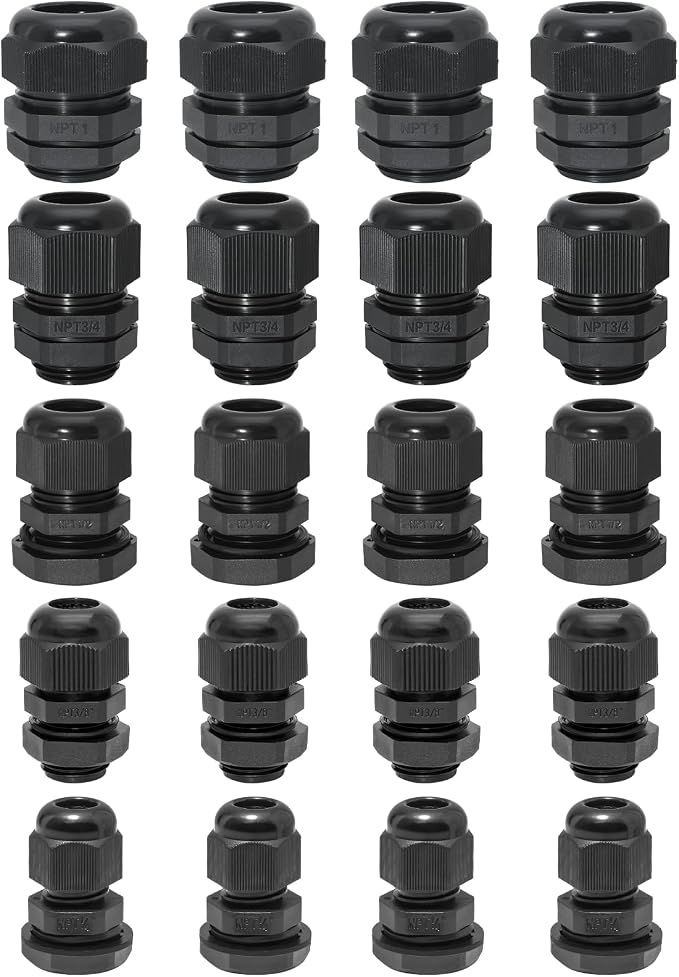 Bonsicoky 20 Pcs Nylon Cable Gland Kit, 1/4" 3/8" 1/2" 3/4" 1" | IP68 Waterproof by Bonsicoky