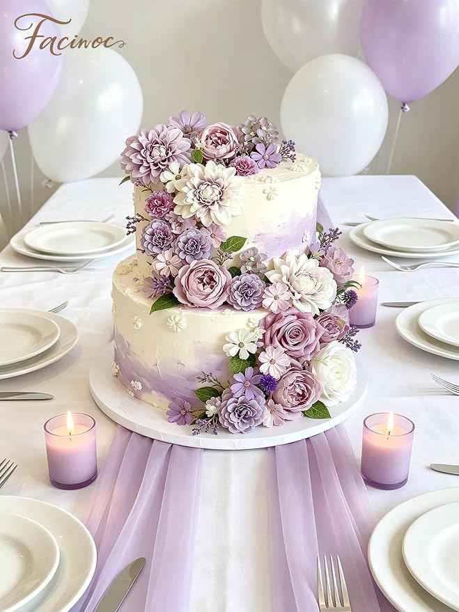 FACINOC Roses Artificial Flowers Purple Mix Silk Flower Dahlia Bulk Box Set | - Image 4