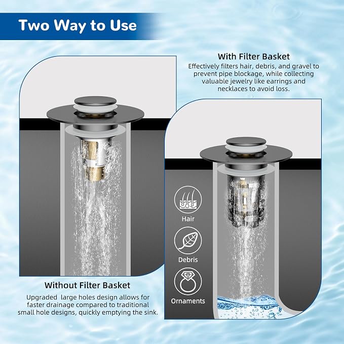 Hibbent Upgraded 3 in 1 Bathroom Sink Drain Strainer, Pop Up Stopper - Image 3