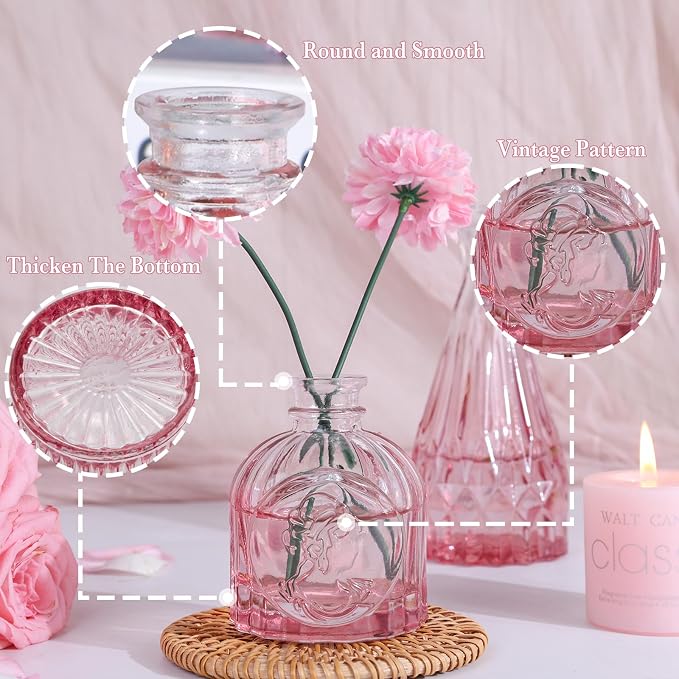 UPBUD Pink Glass Bud Vases Set of 5, Mini Flower Vase - Image 7