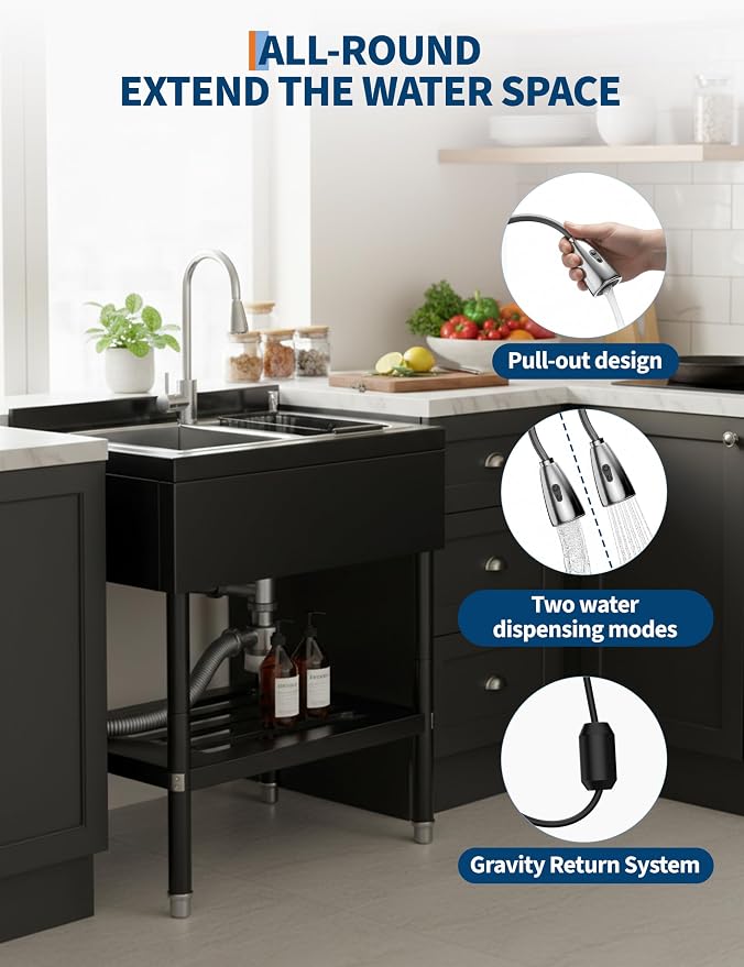 Stainless Steel Utility Sink, 25.7" × 20.7" × 39.5" Freestanding Laundry Tub - Image 5