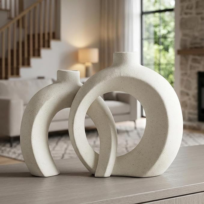 Interlocked Decorative Vase Set of 2 | Matte Sand-Textured Ceramic Vases by Jonronboci