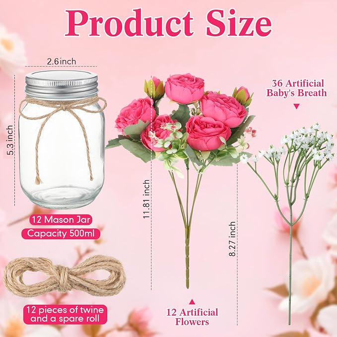 12 Sets Mason Jar Flowers Centerpiece Table Decorations, Hot Pink | Faux Flowers - Image 4