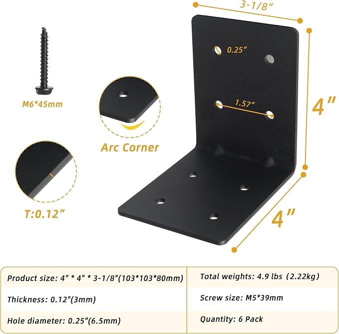 12-Pack 4"x4"x3-1/8 Heavy Duty Steel Corner Bracket, L Right Angle Bracket | - Image 4