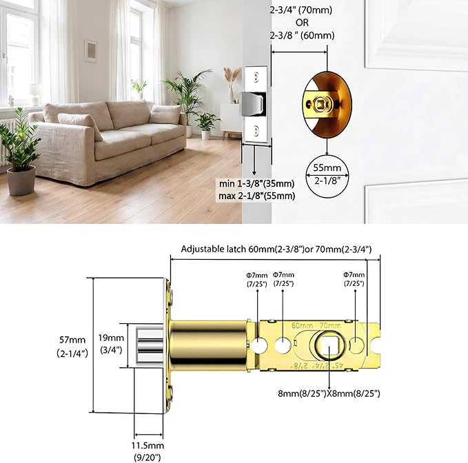 Adjustable Deadlatch Door Knob Latch 2-3/8" or 2-3/4" Universal Door Lock - Image 2